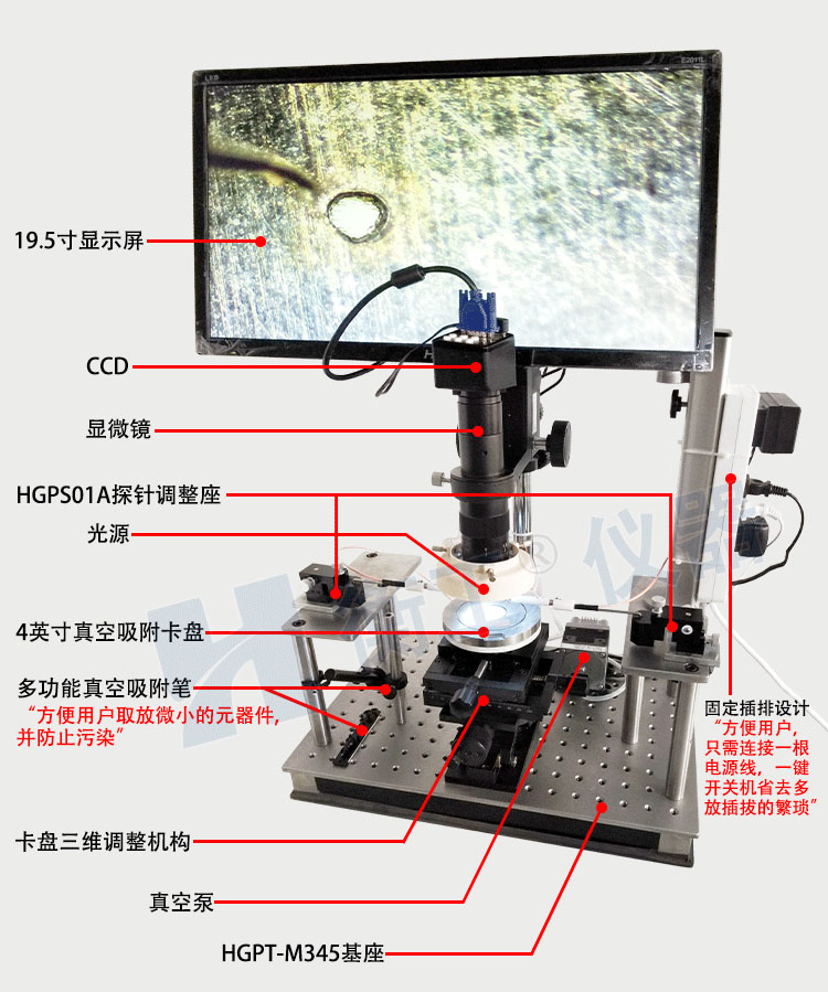 衡工HGPS100探針臺(tái) 探針臺(tái) 半導(dǎo)體芯片測(cè)試臺(tái) 太陽(yáng)電池IV樣品臺(tái) 真空吸附載臺(tái) 裂紋檢測(cè)顯微鏡成像